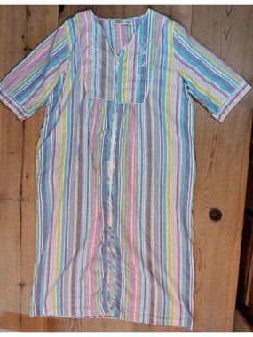 Collections Etc Womens XL House Dress Mumu Maxi Striped 3/4 Sleeve Full Zip